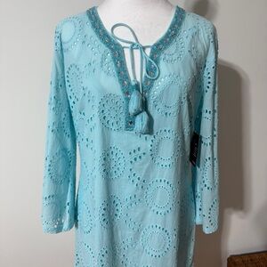 Boston Proper Turquoise Blue Eyelet Swim Beach  Coverup Dress NWT Size Medium